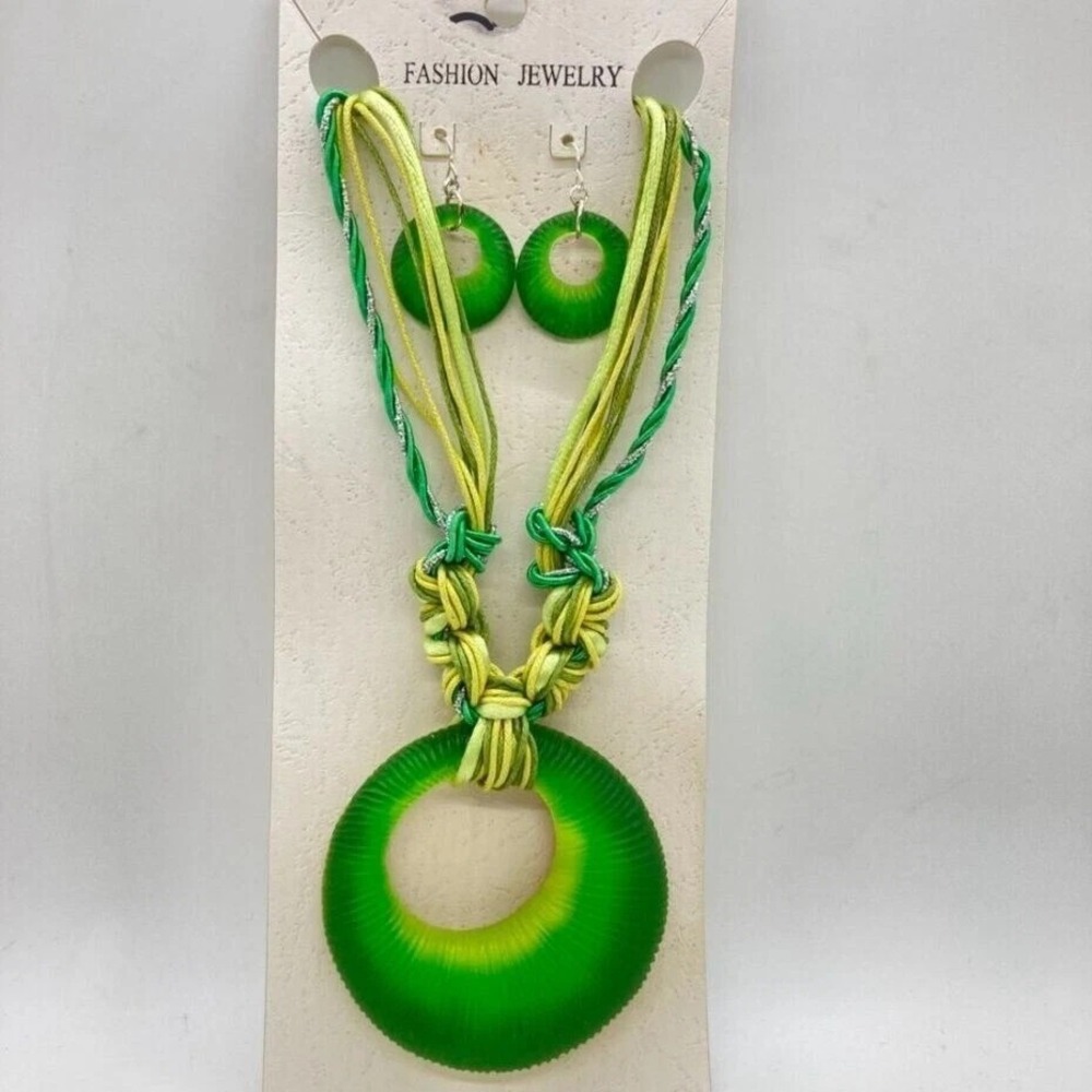Fashion Green Yellow Cord Necklace &‎ Earring Set - Bohemian Style Jewelry